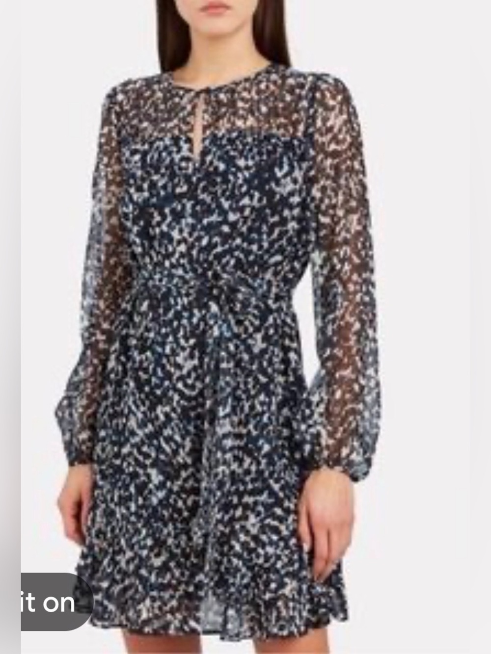 INTERMIX Bernice Floral Navy & White Silk Sheer Long-Sleeve Dress Size 8